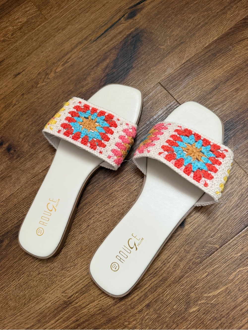 Rouge Helium White Crochet Slide Sandals with Multicolor Accent